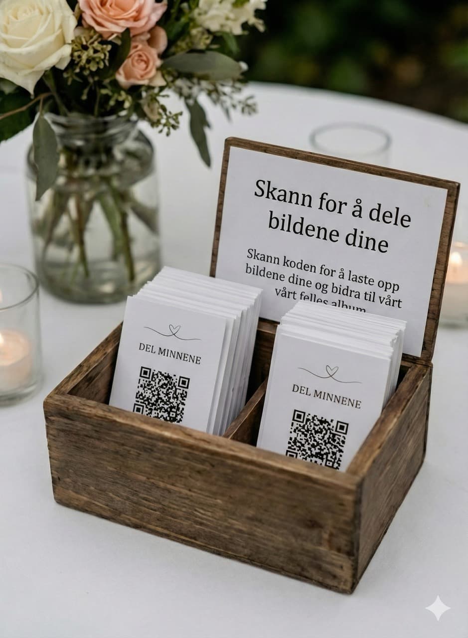 Wedding table with QR code cards in wooden box
